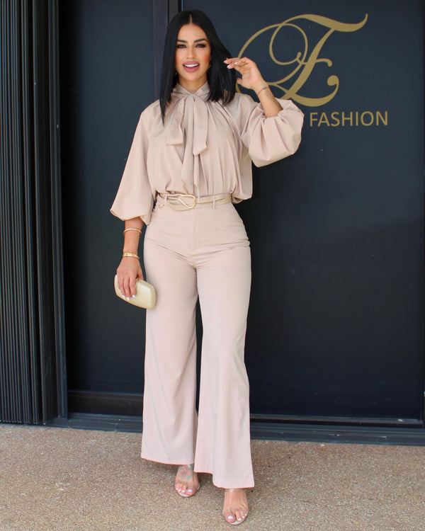 Elegant and Polished Wide-Leg 2 Piece Set Beige
