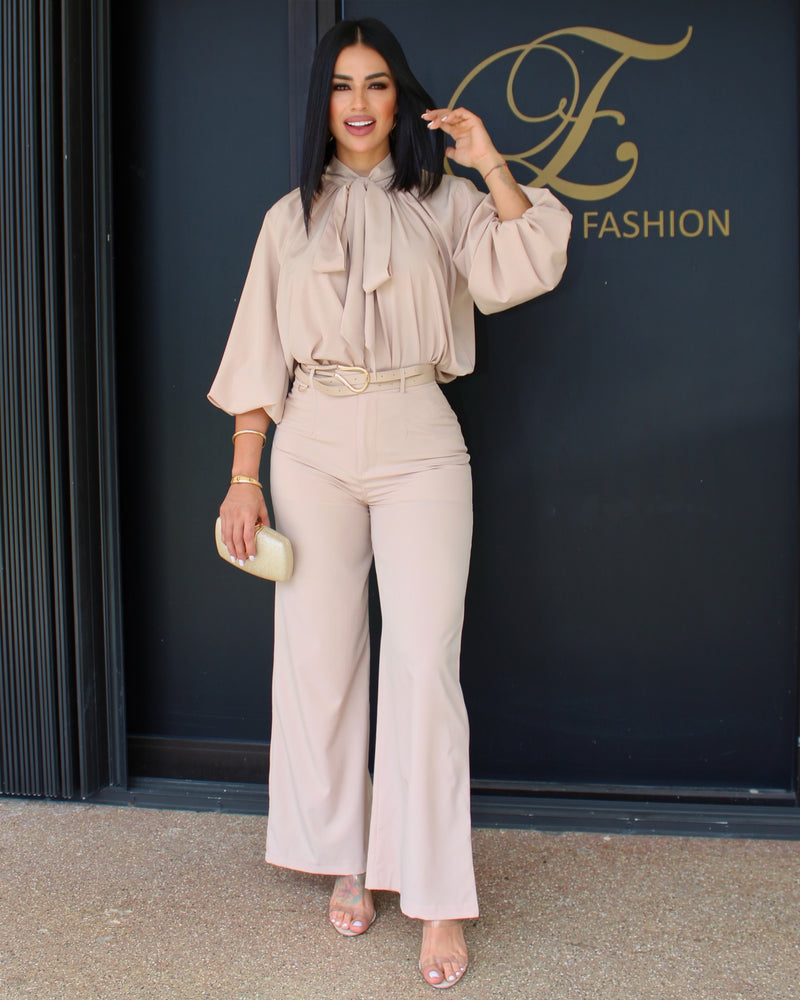 Elegant and Polished Wide-Leg 2 Piece Set Beige