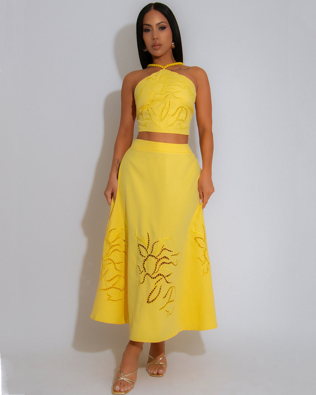 Golden Bloom Skirt Set Yellow - Vibrant Elegance With Versatile Two Way Wear For Day Or Night