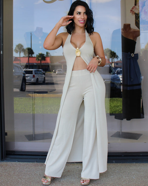 Beyond Expectation Gold Embellished Pant Set Beige Gold