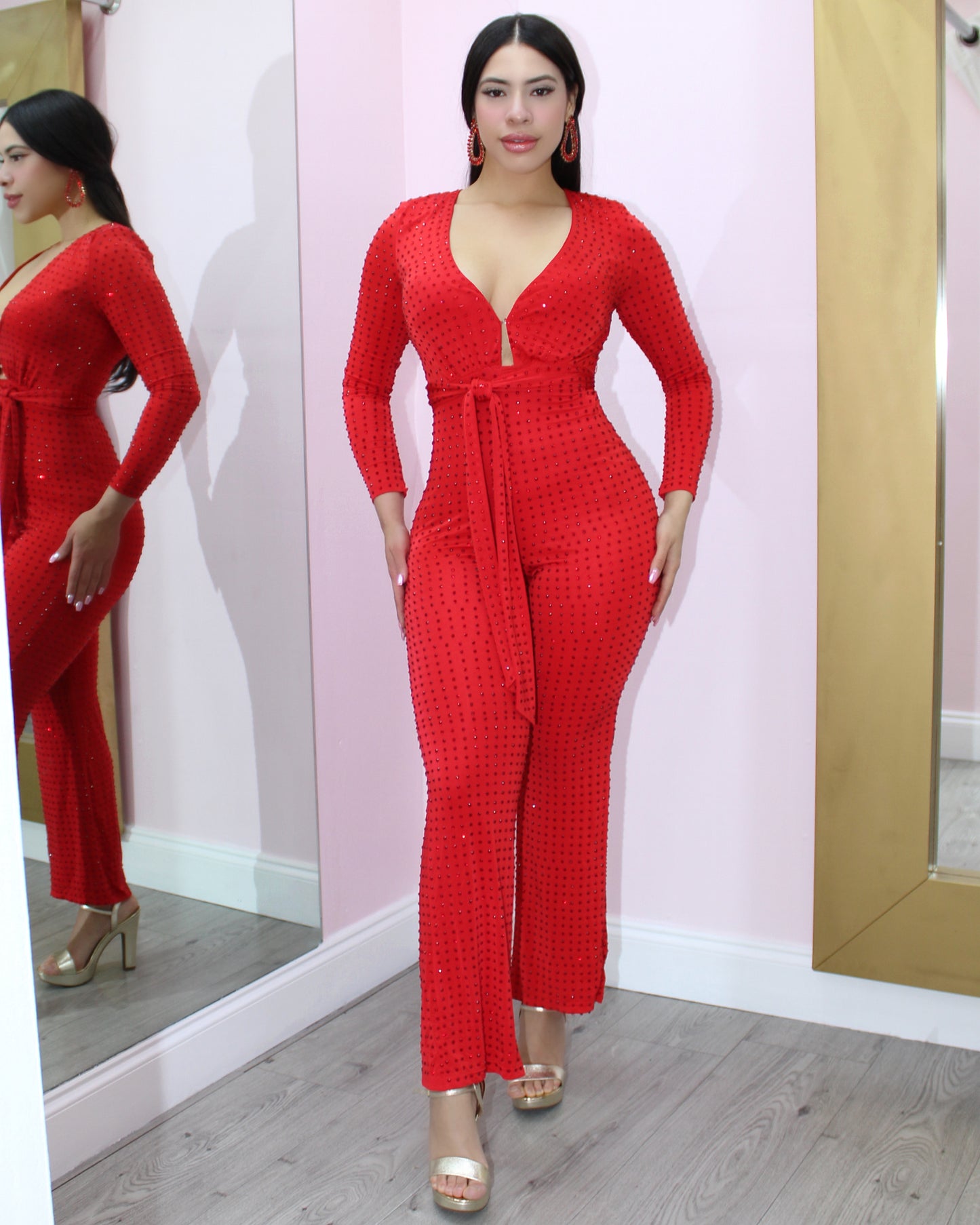 Look At Me Darling Rhinestone Longsleeve Jumpsuit Red