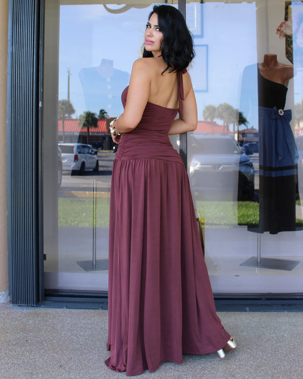 Elegant Burgundy Halter Maxi Dress with Gold Floral Accent