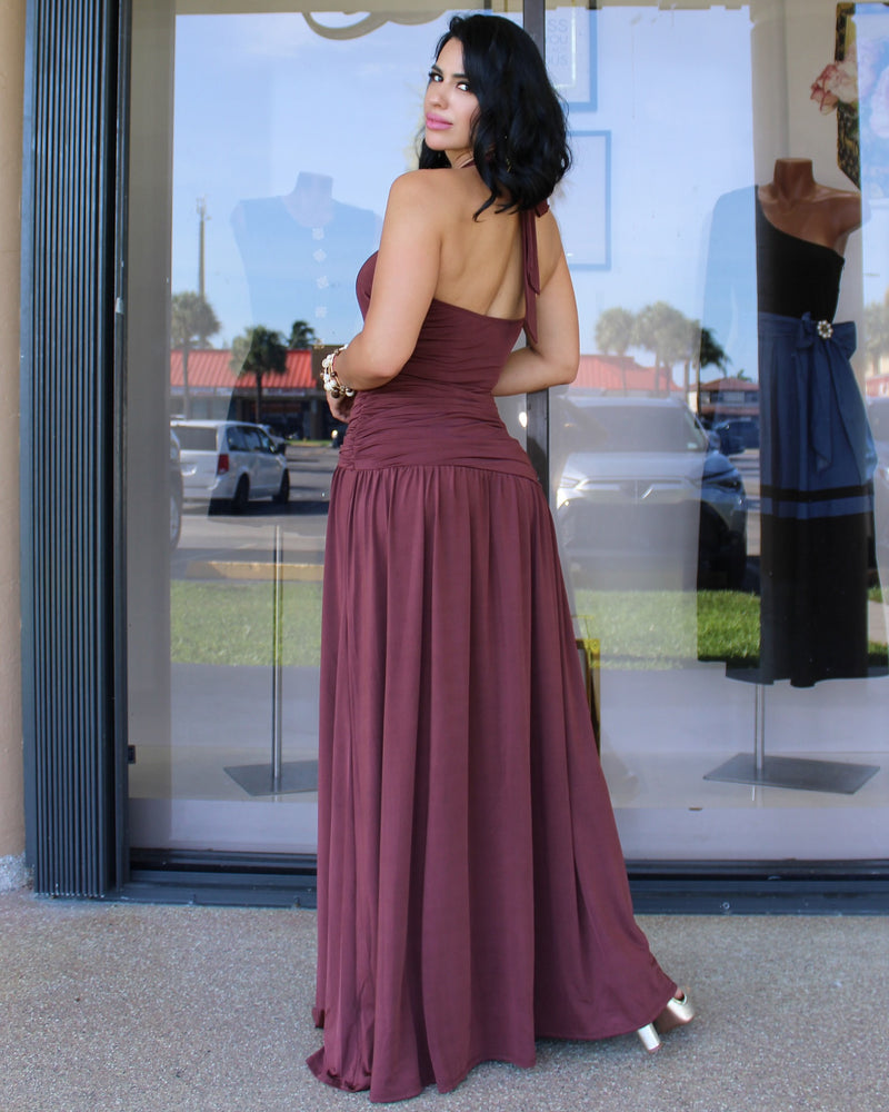 Elegant Burgundy Halter Maxi Dress with Gold Floral Accent
