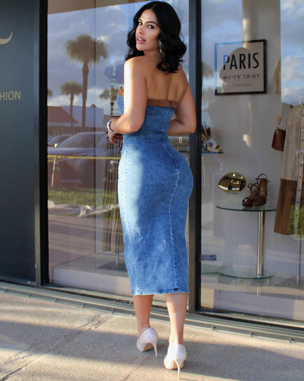 Denim Romance Two Tone Crochet Midi Dress - No Stretch For Flattering Fit At Any Event