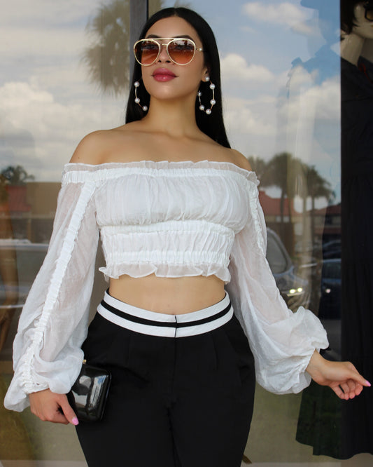 Tatiana Off tThe Shoulder Chiffon White Crop Blouse