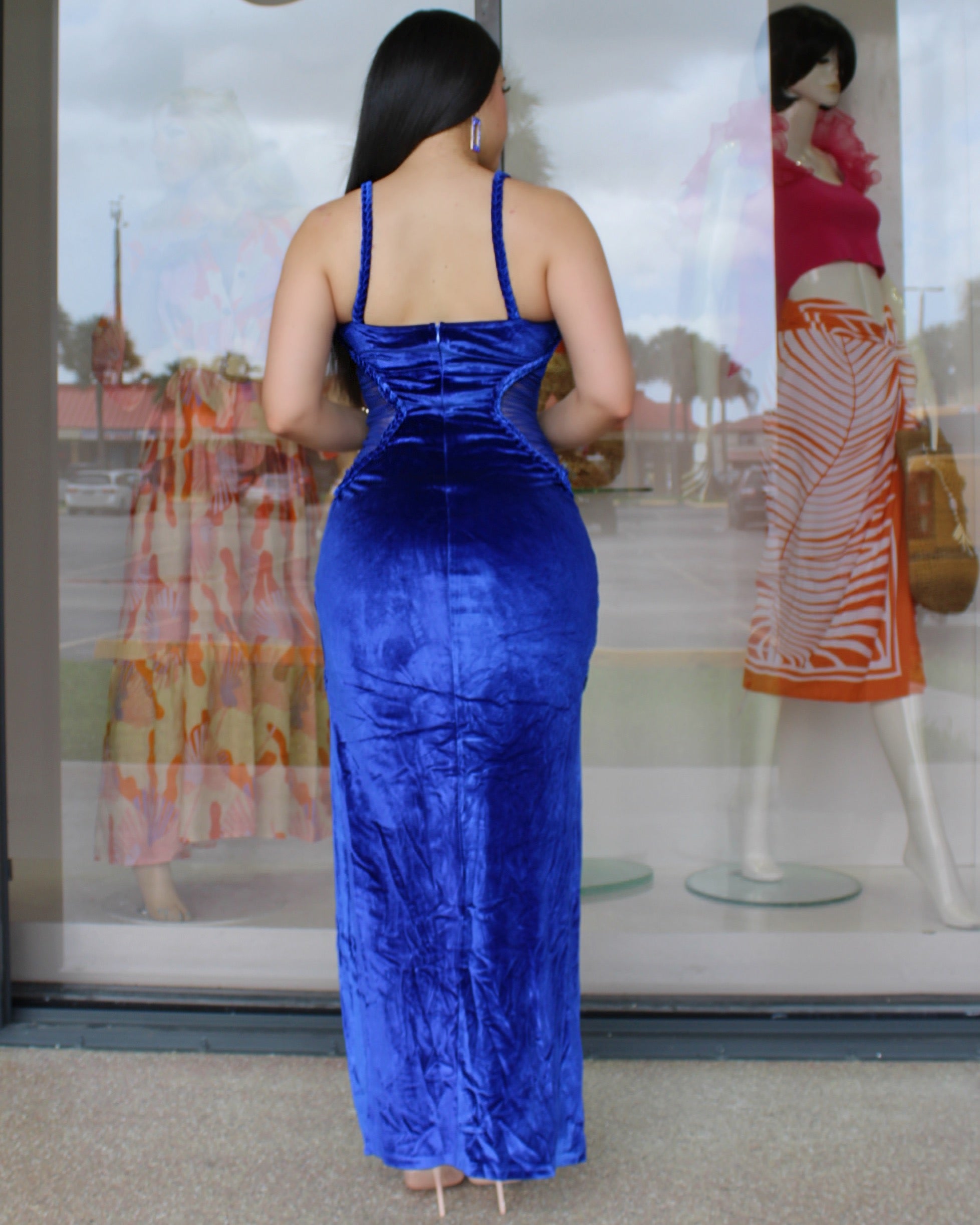 Perfect Moments Velvet Deep Blue Maxi Dress - Stretchy Belted Mesh For Any Event