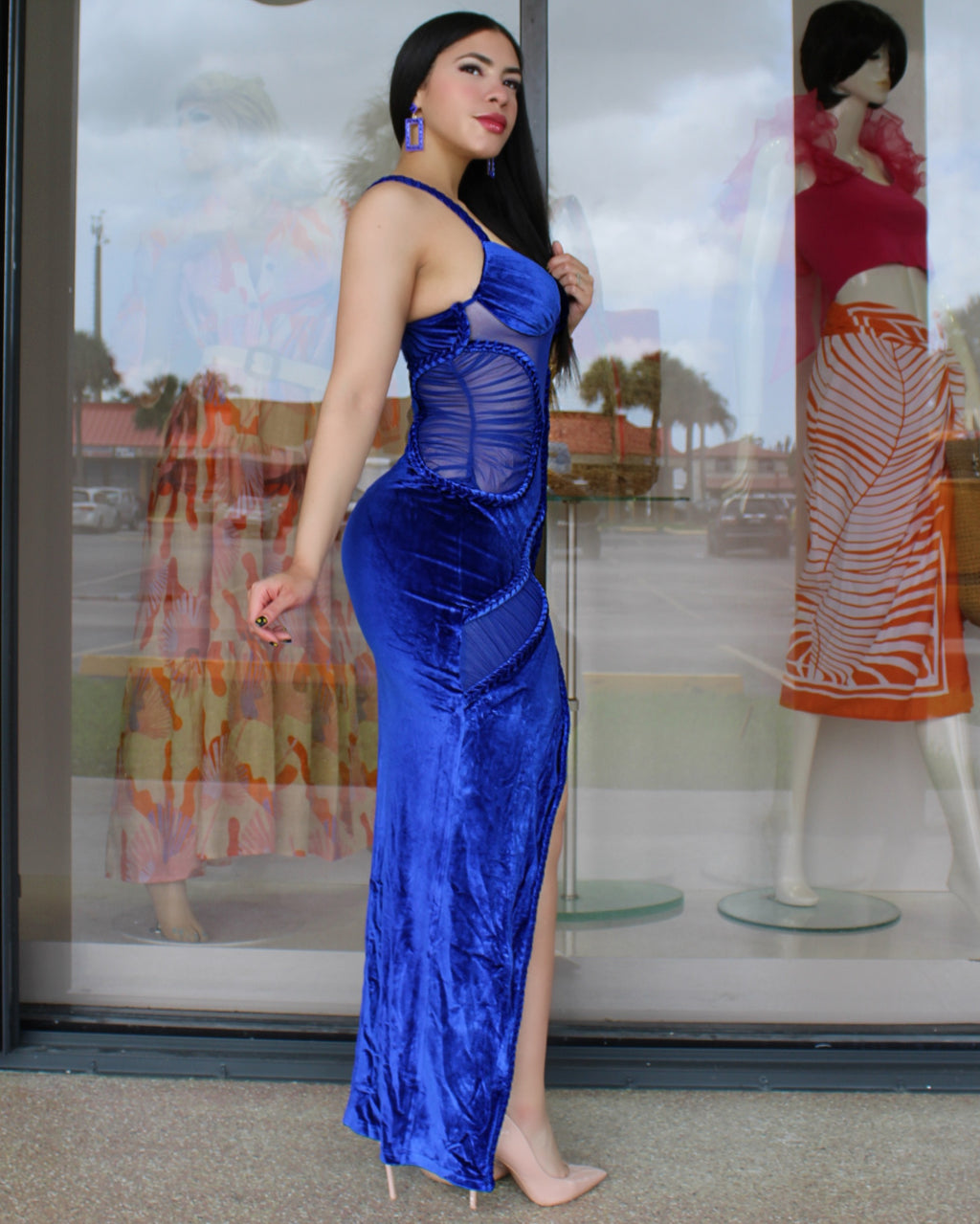 Perfect Moments Velvet Deep Blue Maxi Dress - Stretchy Belted Mesh For Any Event