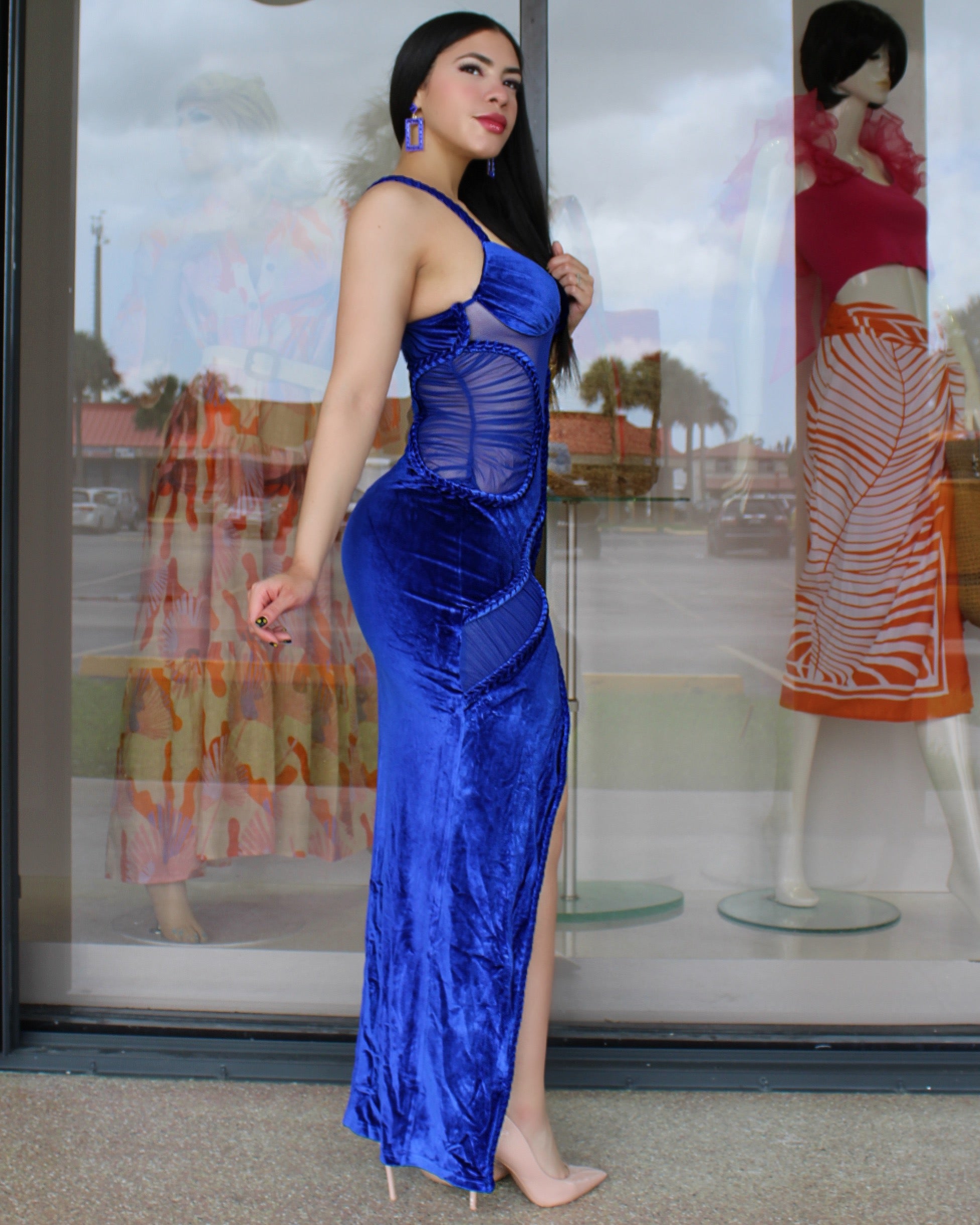Perfect Moments Velvet Deep Blue Maxi Dress - Stretchy Belted Mesh For Any Event