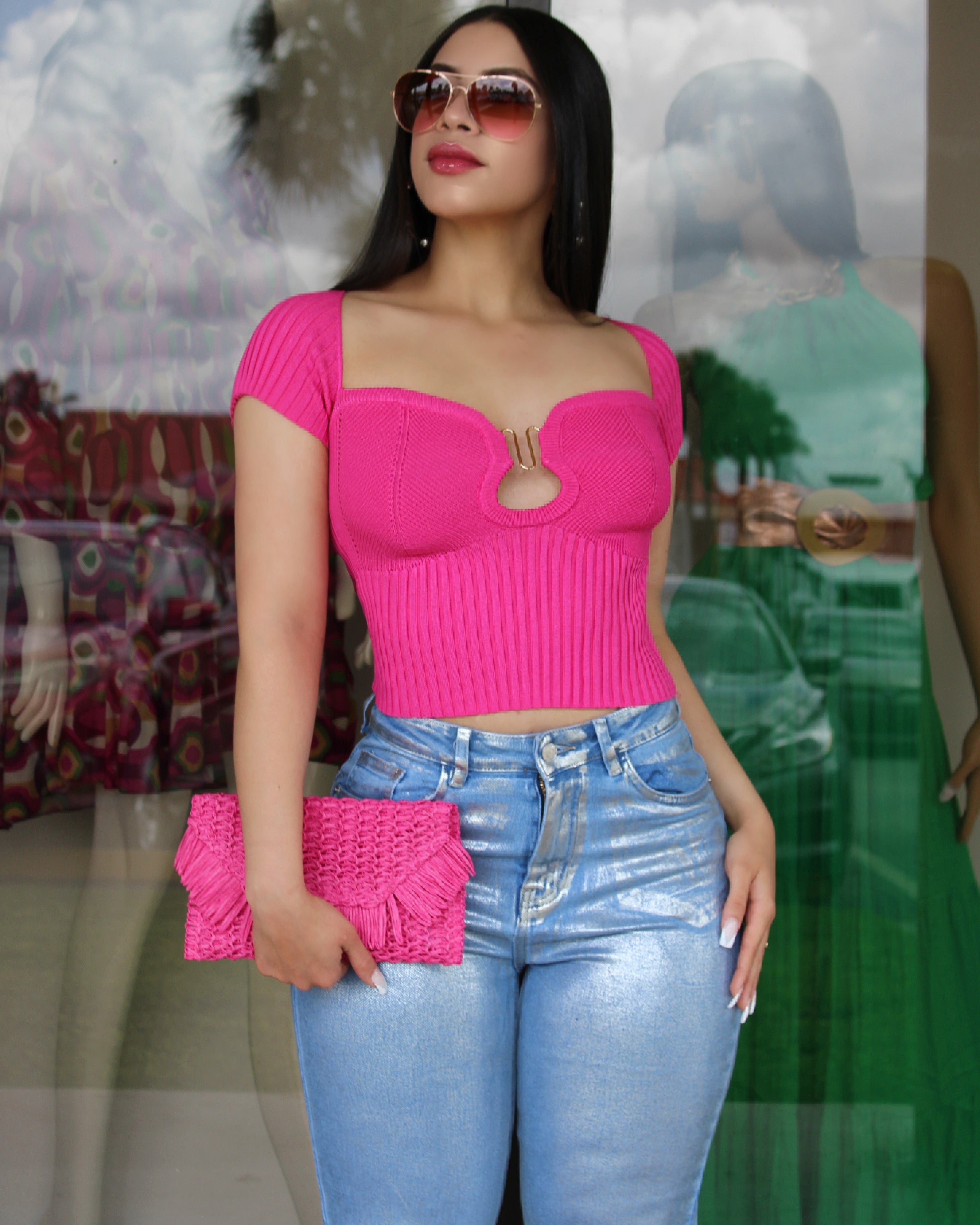 Cause It’s Cute Short Sleeve Knit Crop Top Hot Pink - Ultra Stretchy Polyester Cotton Blend