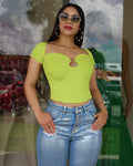 Cause Its Cute Short Sleeve Knit Crop Top Lime Green - Stretchy Polyester Cotton Blend For Flattering Comfort