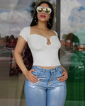 Cause It’s Cute Short Sleeve Knit Crop Top - Stretchy Polyester Cotton Blend For Flattering Fit In White