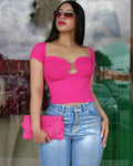 Cause It’s Cute Short Sleeve Knit Crop Top Hot Pink - Ultra Stretchy Polyester Cotton Blend