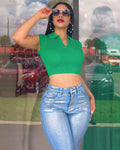 Always Cute Knit Crop Top Forest Green Versatile Stretchy Polyester Cotton Blend For Casual Daywear And Layering