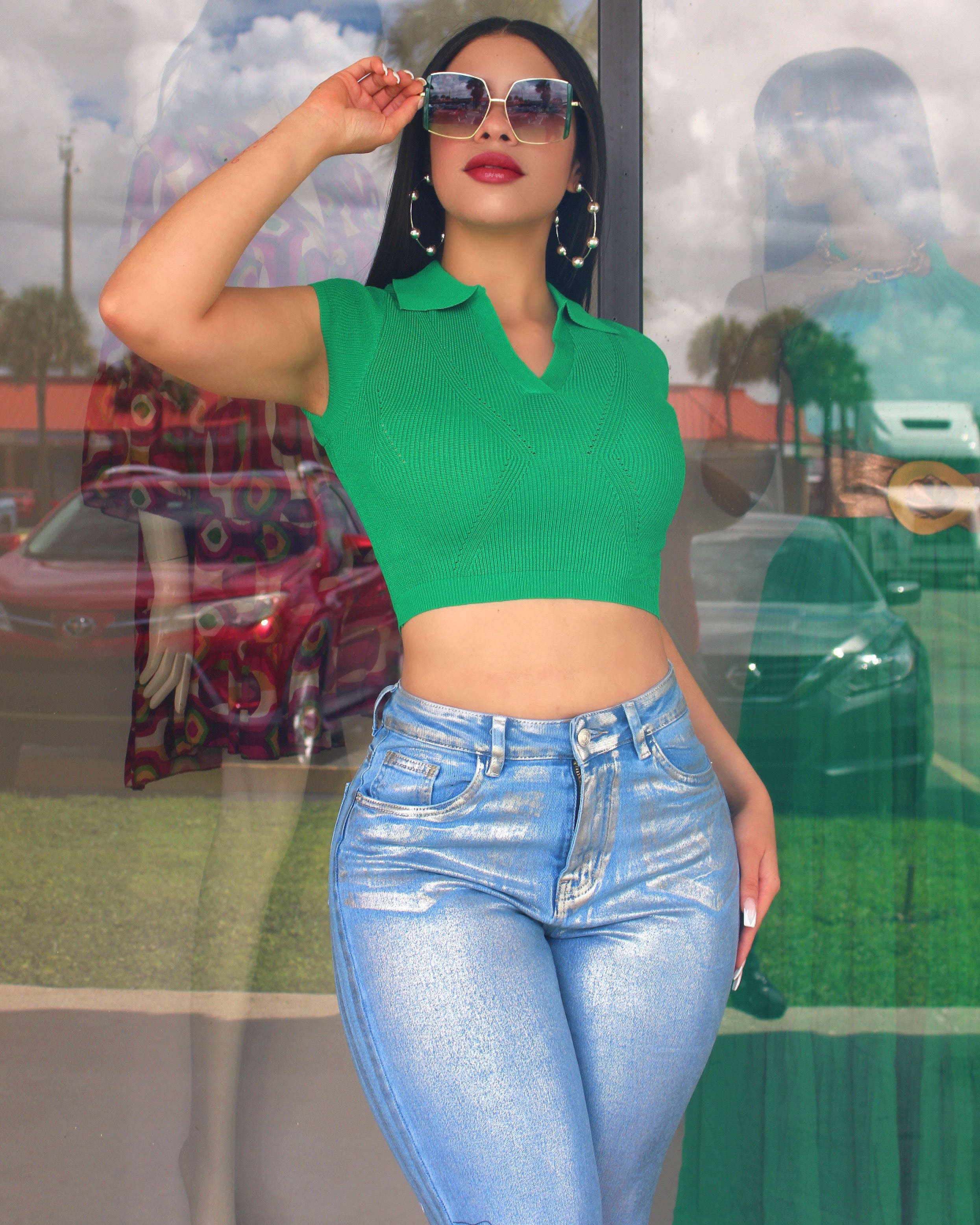 Always Cute Knit Crop Top Forest Green Versatile Stretchy Polyester Cotton Blend For Casual Daywear And Layering