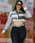 All In Striped Cropped Shirt White And Black With Side Zipper Polyester Cotton Blend Fashion Top