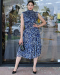 Nocturne Couture Midnight Blue Print Midi Dress - 100 Percent Satin No Stretch Elegant Fit