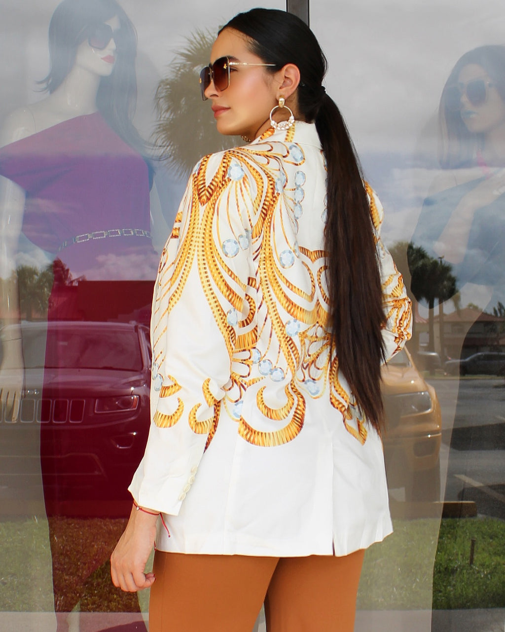 White Baroque Print Blazer & Crop Top Set – Elegant Statement Two-Piece Jacket Set