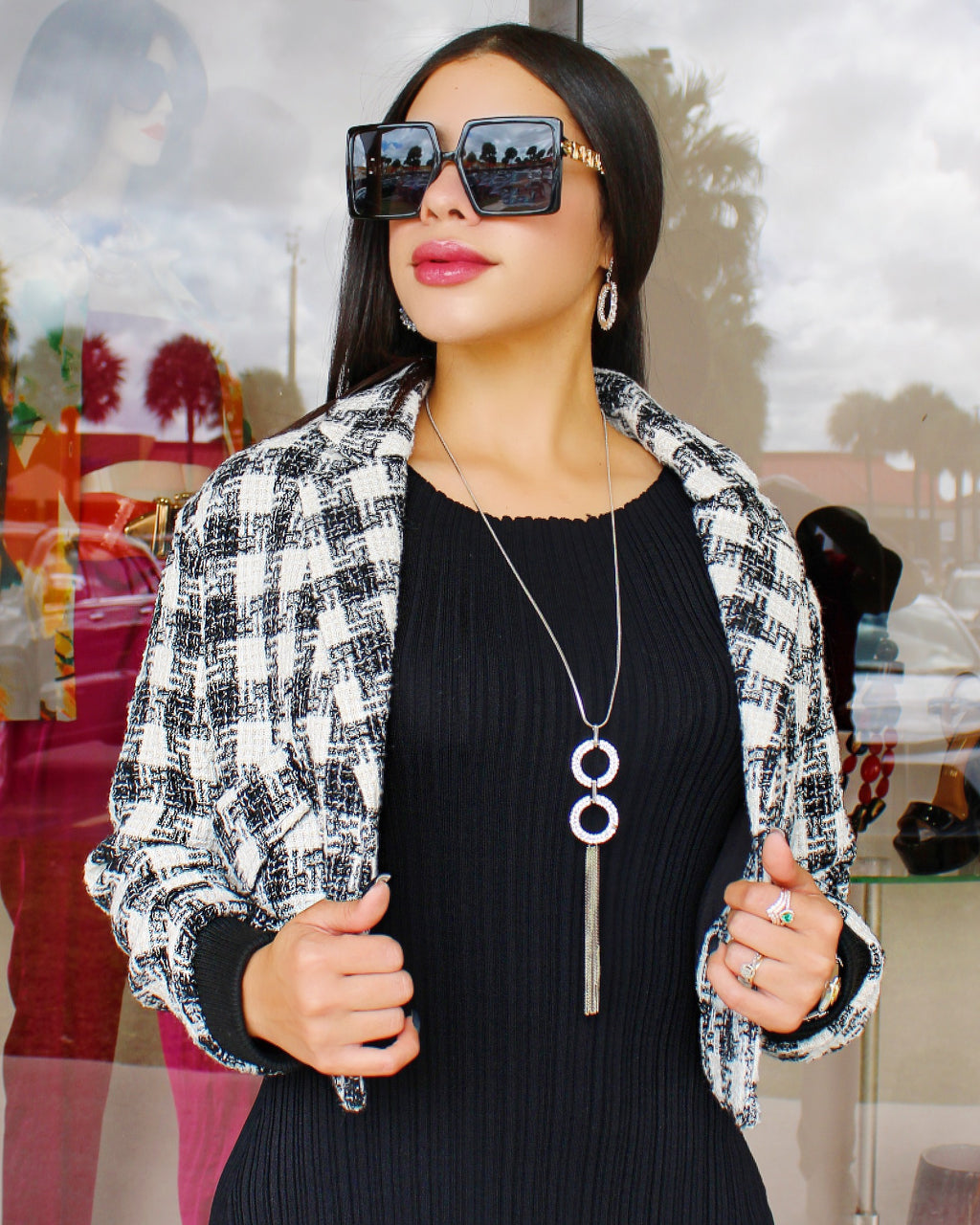 Its Cool Outside Checker Pattern Crop Jacket Black Cute Cotton Jacket For Casual Everyday Wear