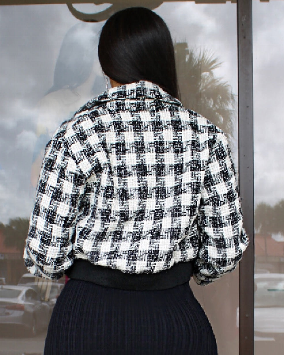 Its Cool Outside Checker Pattern Crop Jacket Black Cute Cotton Jacket For Casual Everyday Wear