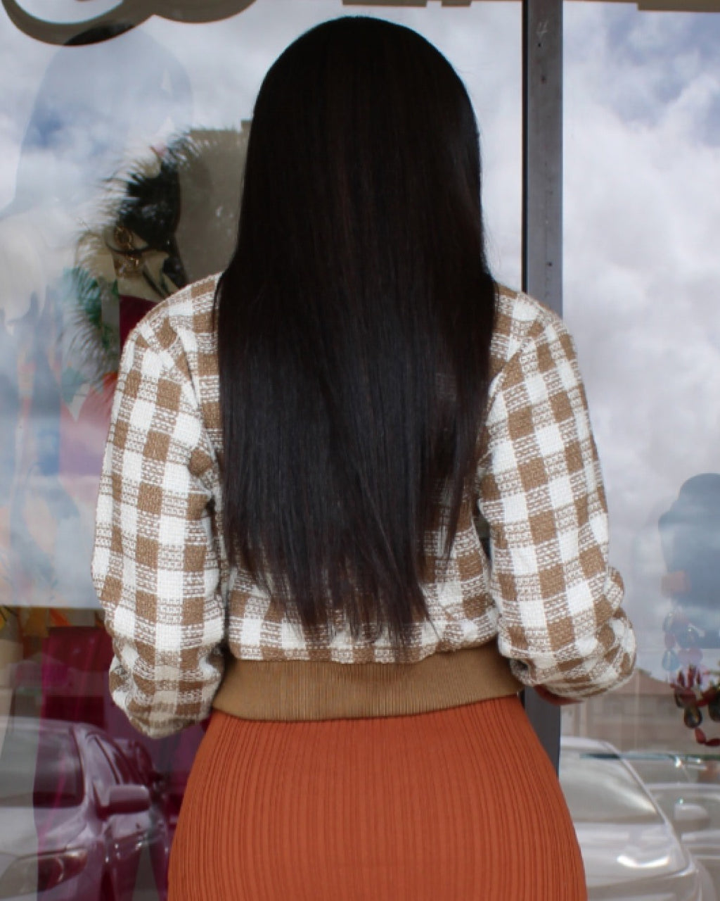Its Cool Outside Checker Pattern Crop Jacket Nude - Cotton Comfort For All Day Wear