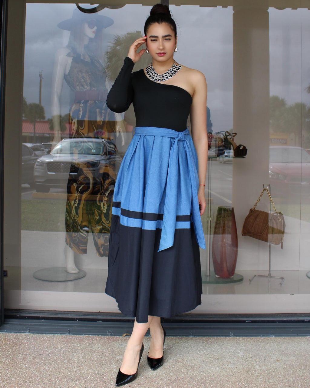Do My Best Black and Denim One Shoulder Midi Dress - Flattering One Shoulder Design With Stretch Polyester Spandex