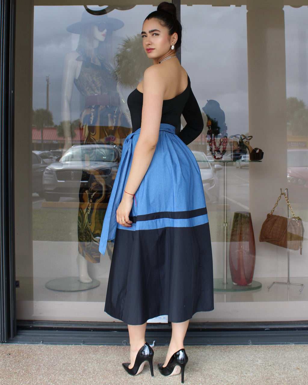 Do My Best Black and Denim One Shoulder Midi Dress - Flattering One Shoulder Design With Stretch Polyester Spandex