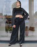Dreaming Of You Rhinestone Silk Long Sleeve 2 Piece Pant Set Black - No Stretch Silk Blend