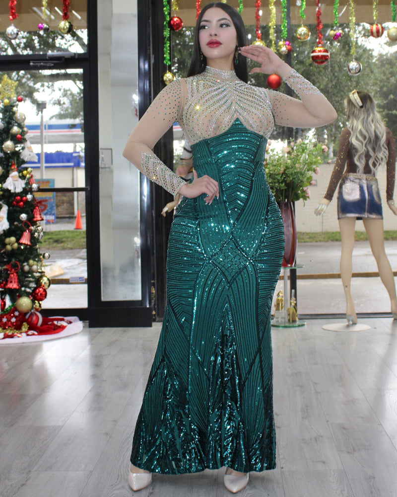 Glamorous Women Rhinestone  and Sequence Gown Maxi Dress Green
