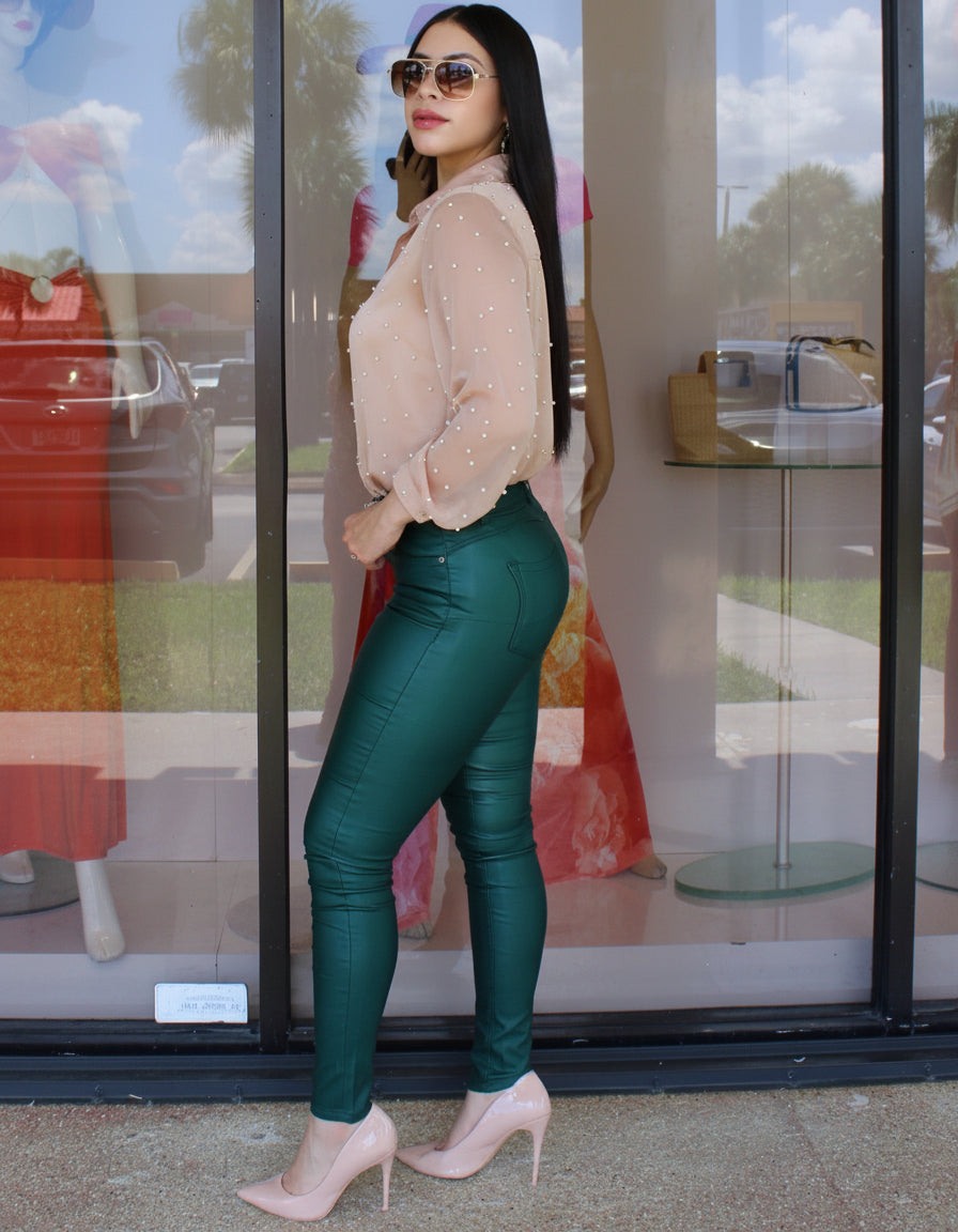 Right Standards Faux Leather Skinny Pants Deep Green - Ultra Stretch Fit For Flattering Comfort