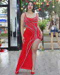 Made To Shine Rhinestone Gown Dress Red - Sparkling Rhinestone Embellished Evening Wear With Stretch Polyester