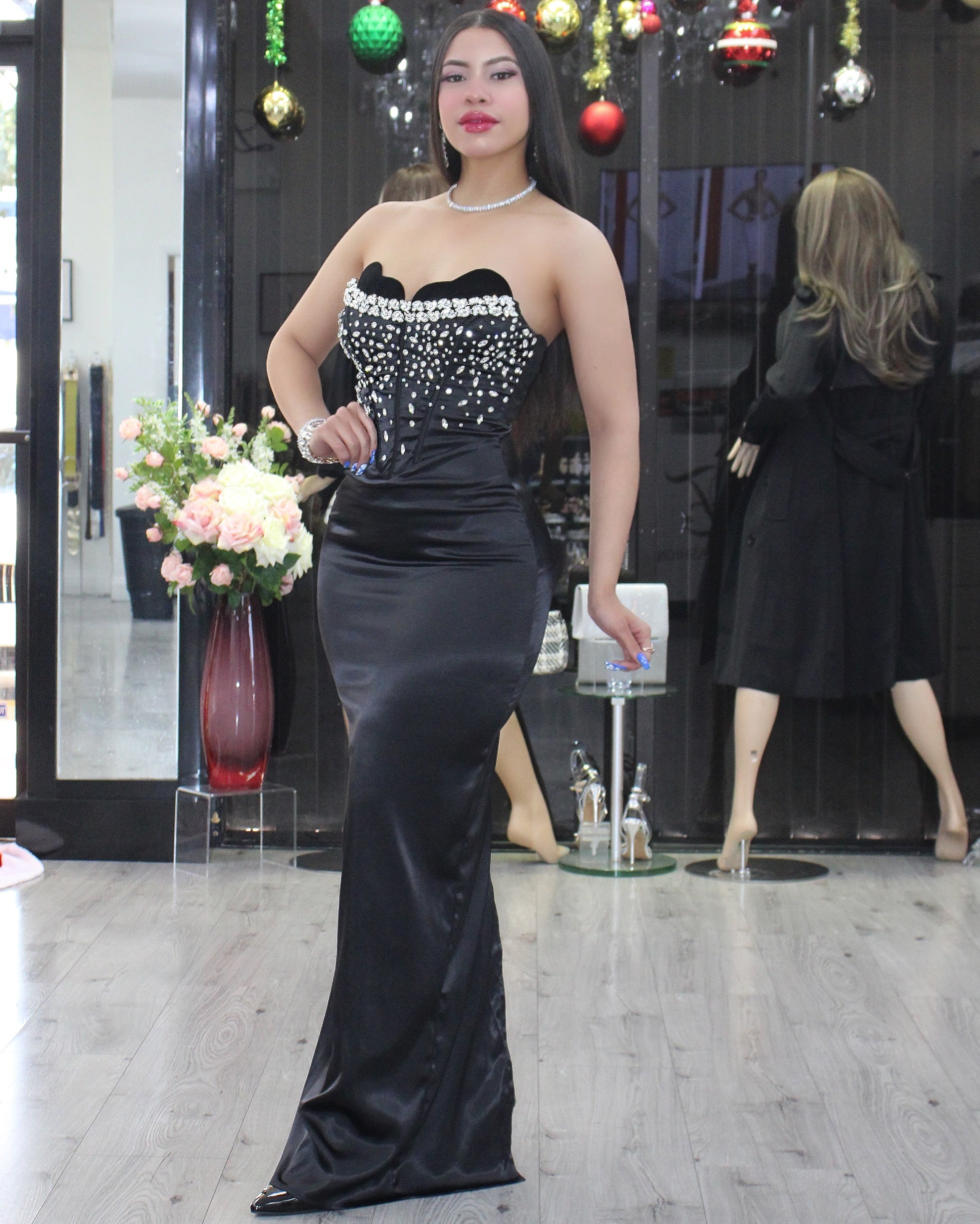 Shine Right In Rhinestone Heart Shape Strapless Satin Maxi Dress Black - Glamorous Evening Gown With Moderate Stretch