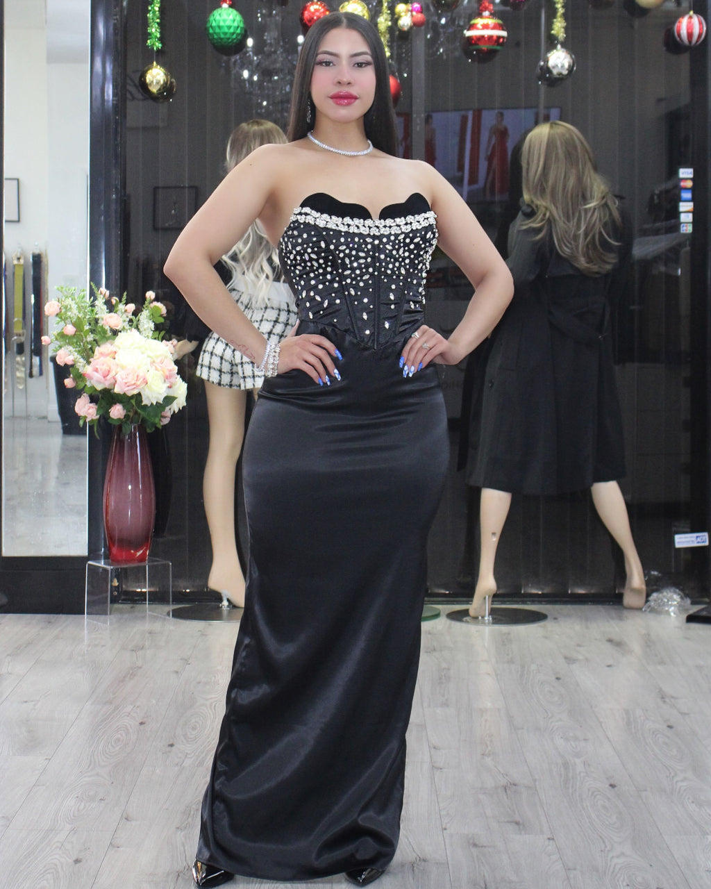 Shine Right In Rhinestone Heart Shape Strapless Satin Maxi Dress Black - Glamorous Evening Gown With Moderate Stretch