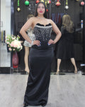 Shine Right In Rhinestone Heart Shape Strapless Satin Maxi Dress Black - Glamorous Evening Gown With Moderate Stretch