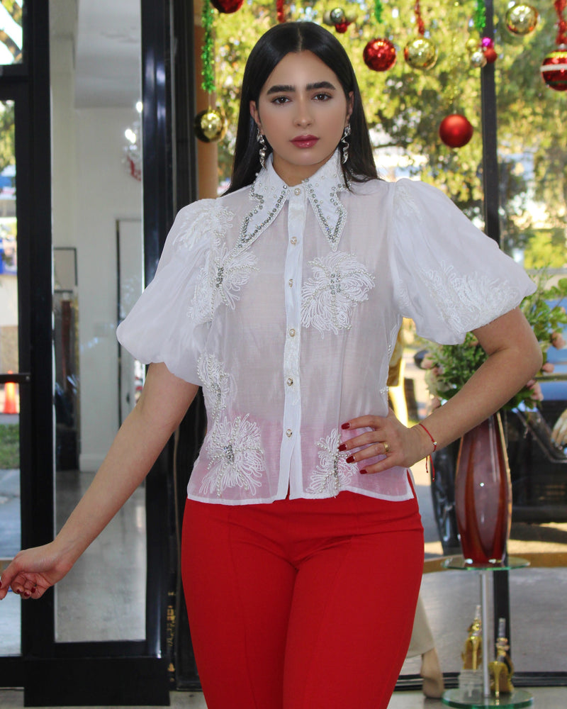 Sophisticate Lady Rhinestone Embroidered Silk Shirt White