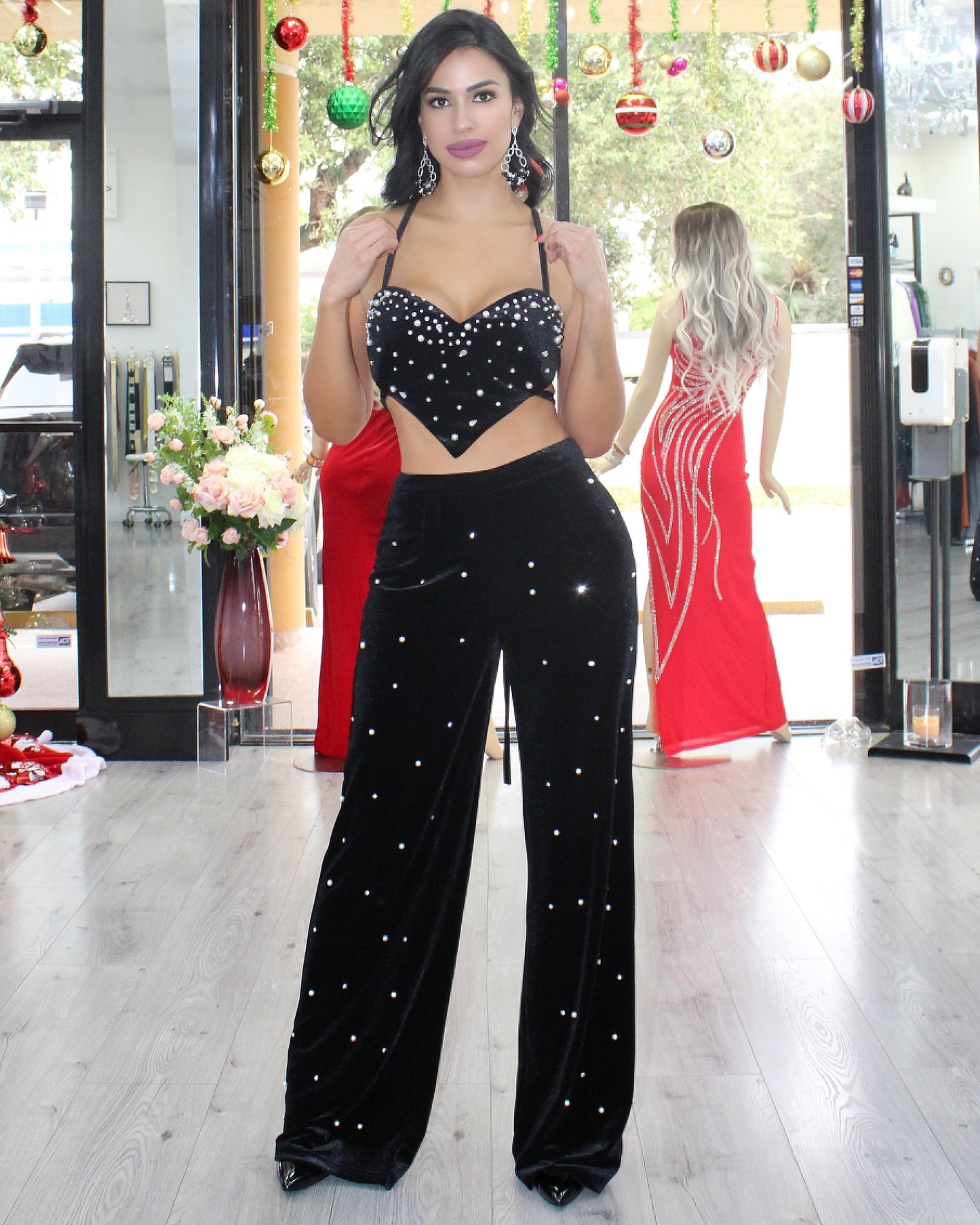 So Sweet Of You Dear Velvet Pearls Adorned Pant Set Black