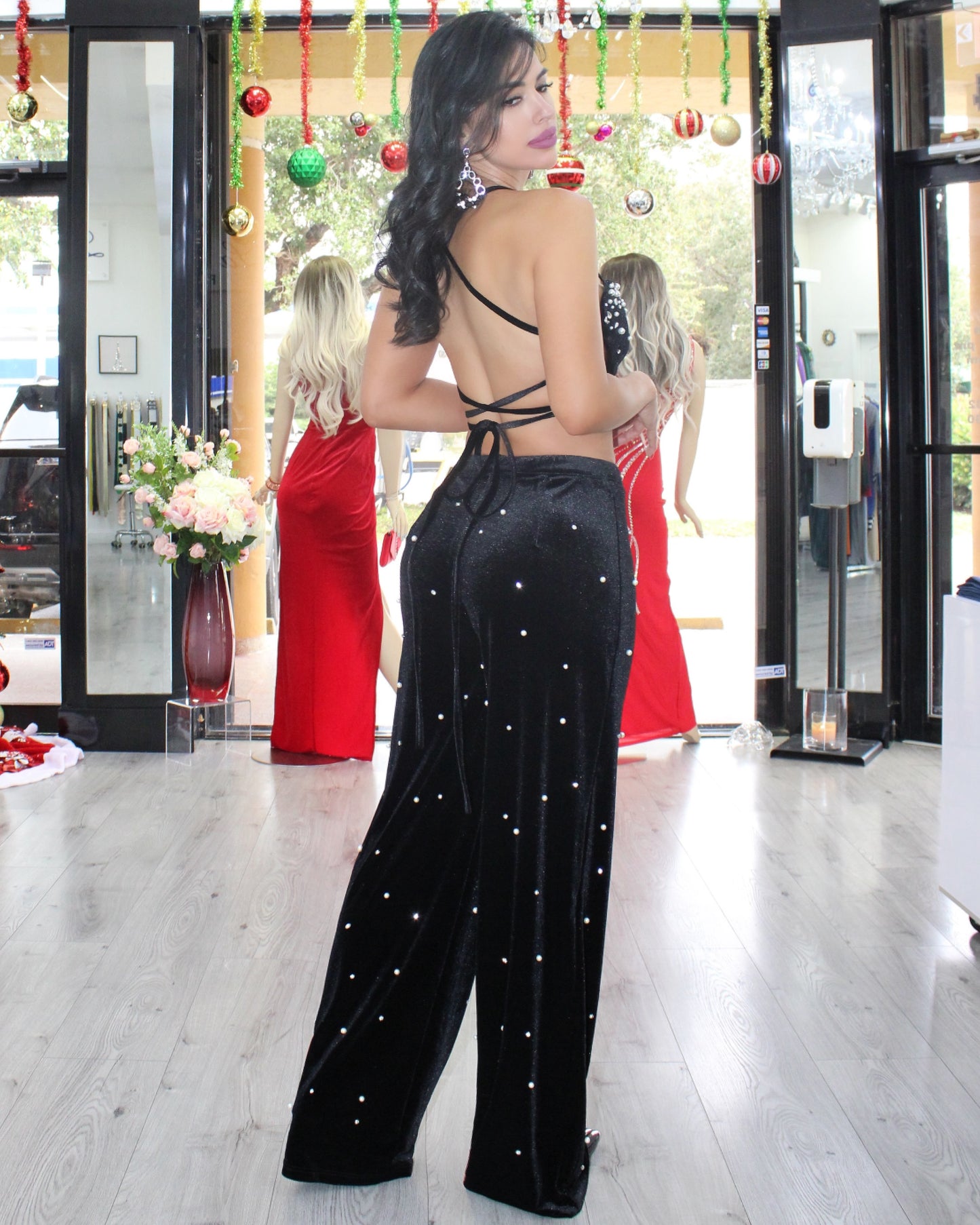 So Sweet Of You Dear Velvet Pearls Adorned Pant Set Black