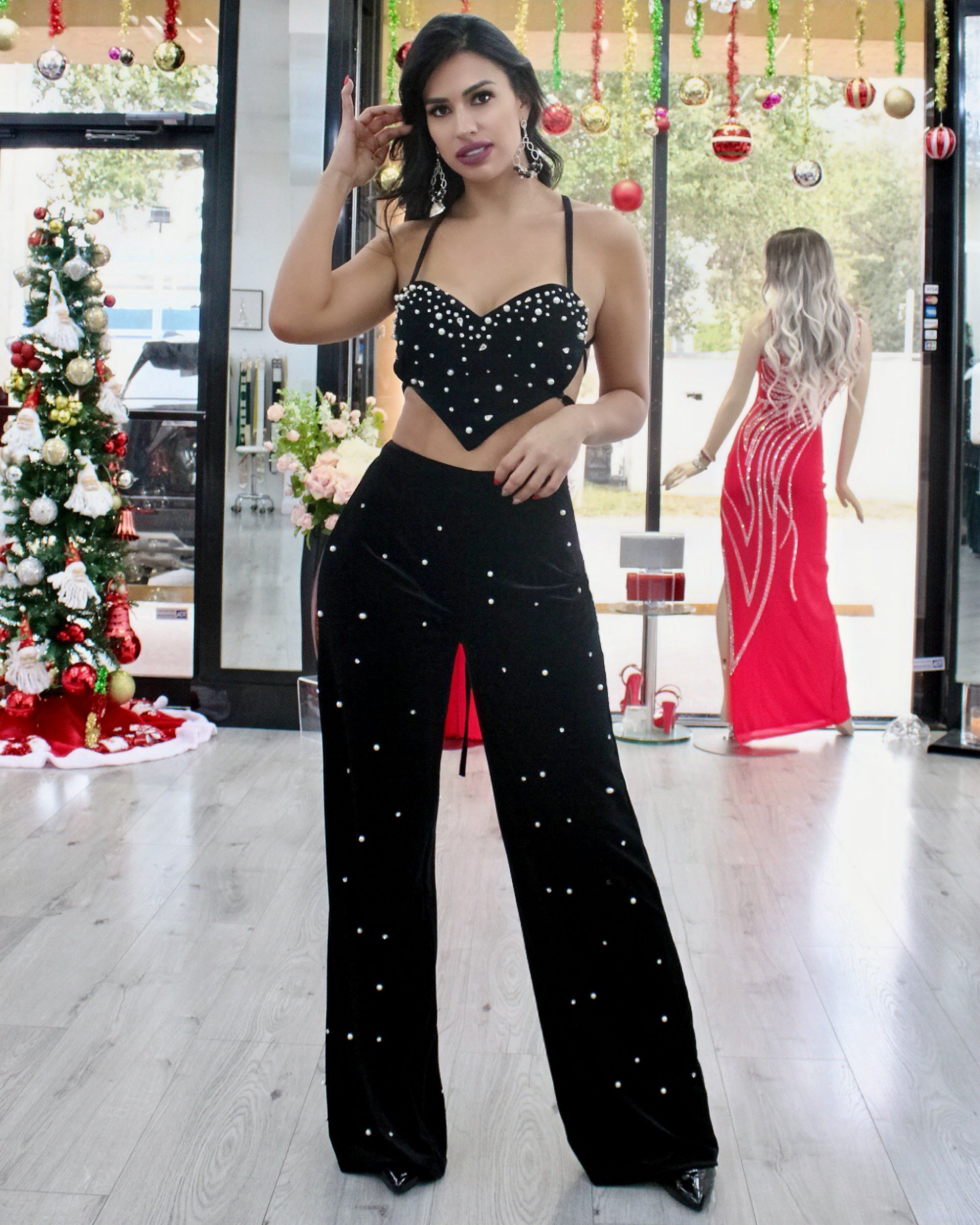 So Sweet Of You Dear Velvet Pearls Adorned Pant Set Black