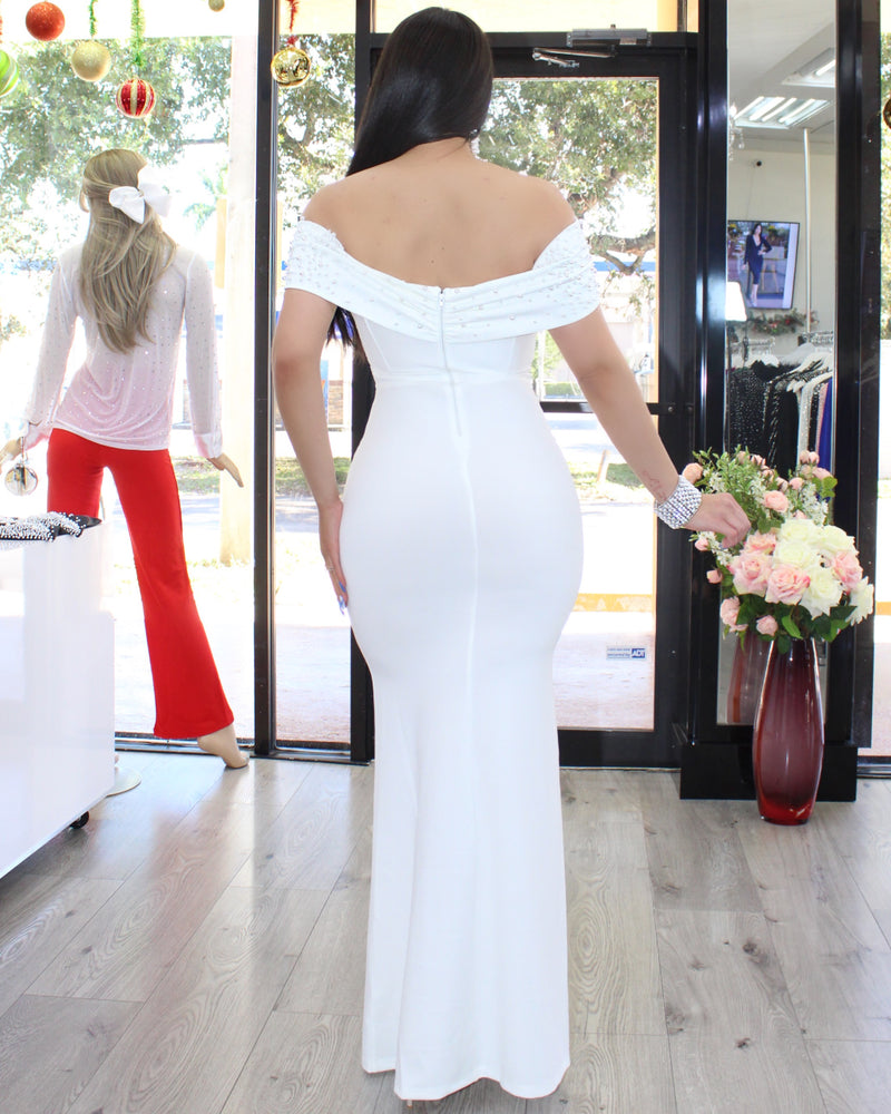 Call Me Crystals Off The Shoulder  Gown Dress White