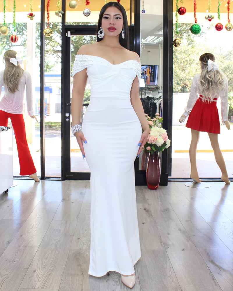 Call Me Crystals Off The Shoulder  Gown Dress White