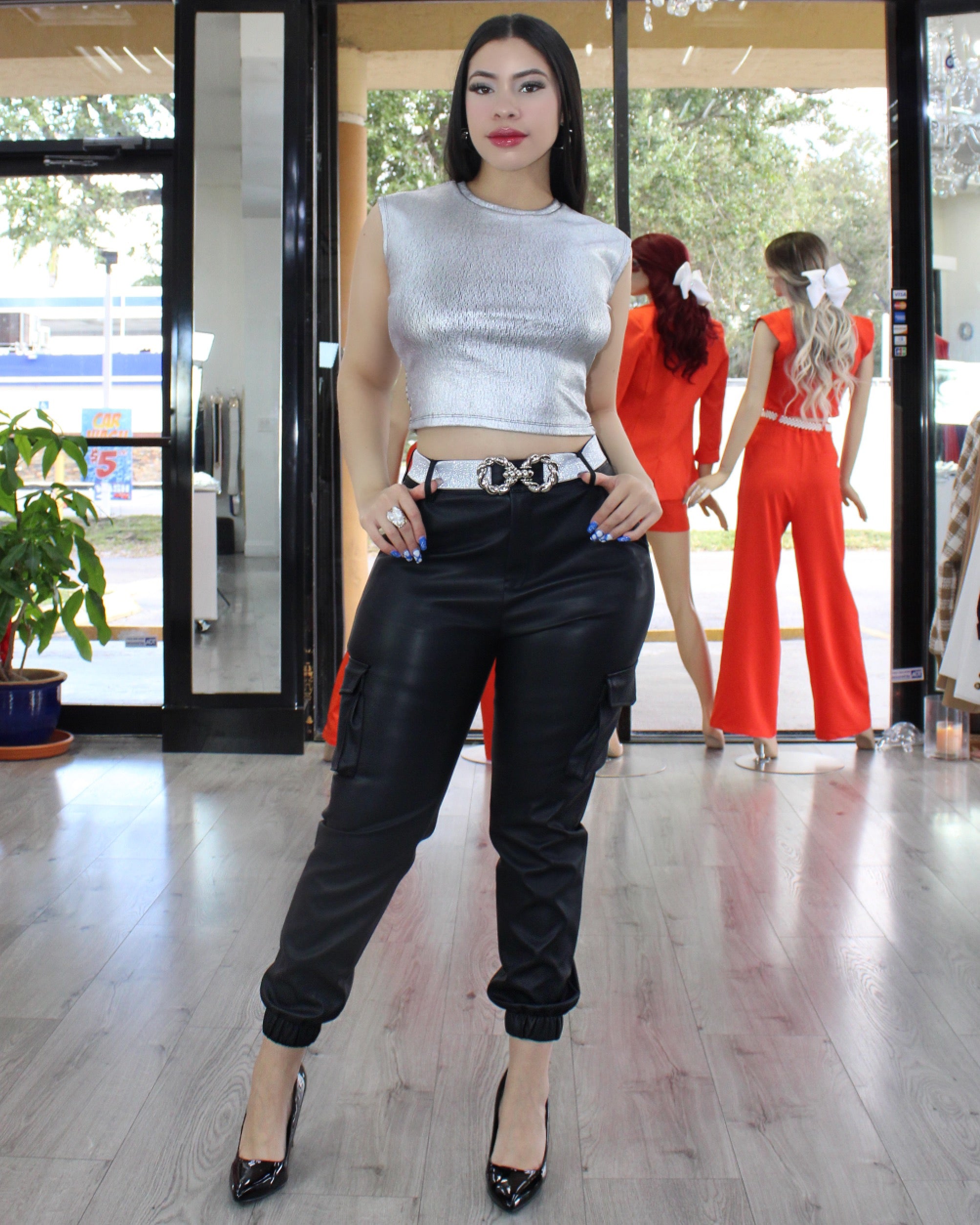 Cause Of You Cargo Faux Jogger Pants - Stretchy Polyester Spandex Comfort Fit With Cargo Pockets