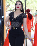 Flirting With You Lace V-Neck Crop Top Black - Stretchy Polyester Cotton Blend For Flattering Fit
