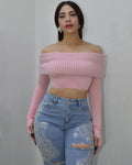Glow Again Off The Shoulders Crop Sweater Pink - Soft Polyester Cotton Blend With Gentle Stretch