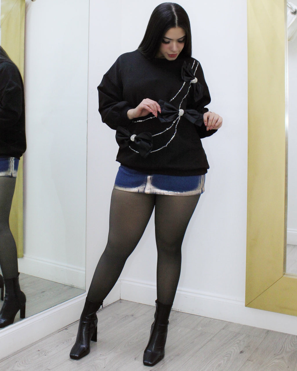 Close By You Bow Embellish Black Sweater - Stretchy Cotton Polyester Blend For All Day Comfort