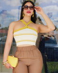 Yellow Cross Strap Knit Crop Top For Women With Stretch Polyester Cotton Blend Casual Everyday Wear