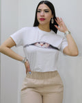Cat Eye Rhinestone Adorned T Shirt White Cotton Spandex Blend With Stretch Soft Comfort