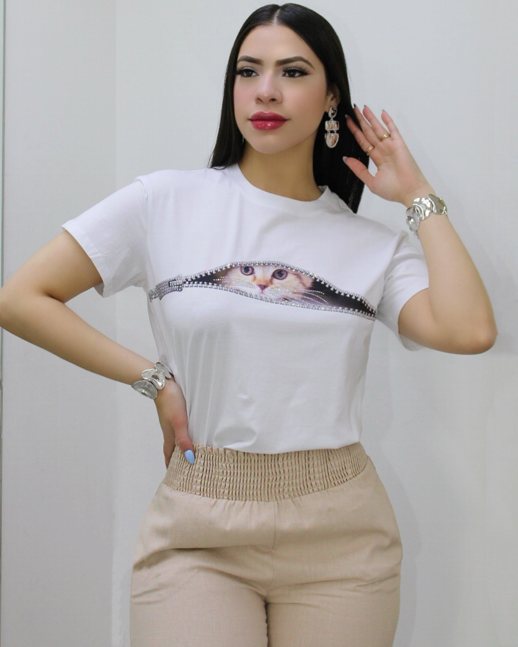 Cat Eye Rhinestone Adorned T Shirt White Cotton Spandex Blend With Stretch Soft Comfort