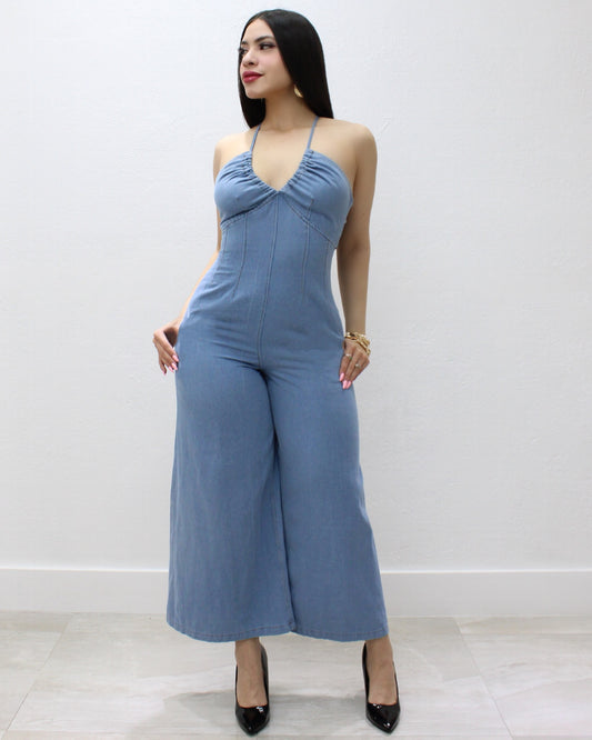 Set Your Standards V-Neck Ligth Blue Denim Jumpsuit