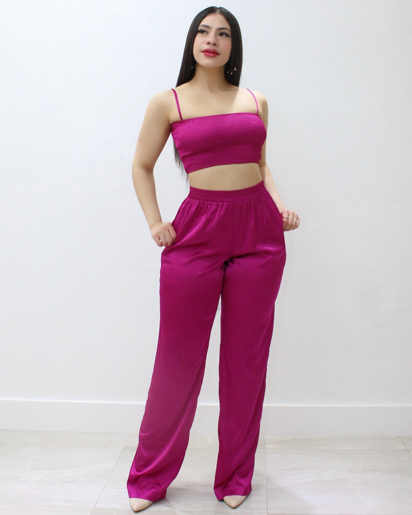 Got It Like That Satin 2 Piece Pant Set Magenta