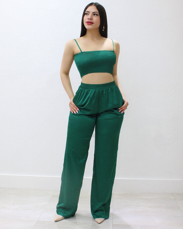 Got It Like That Satin 2 Piece Pant Set Forest Green