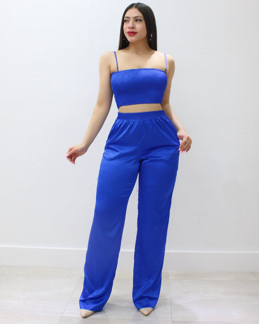 Got It Like That Satin 2 Piece Pant Set Royal Blue